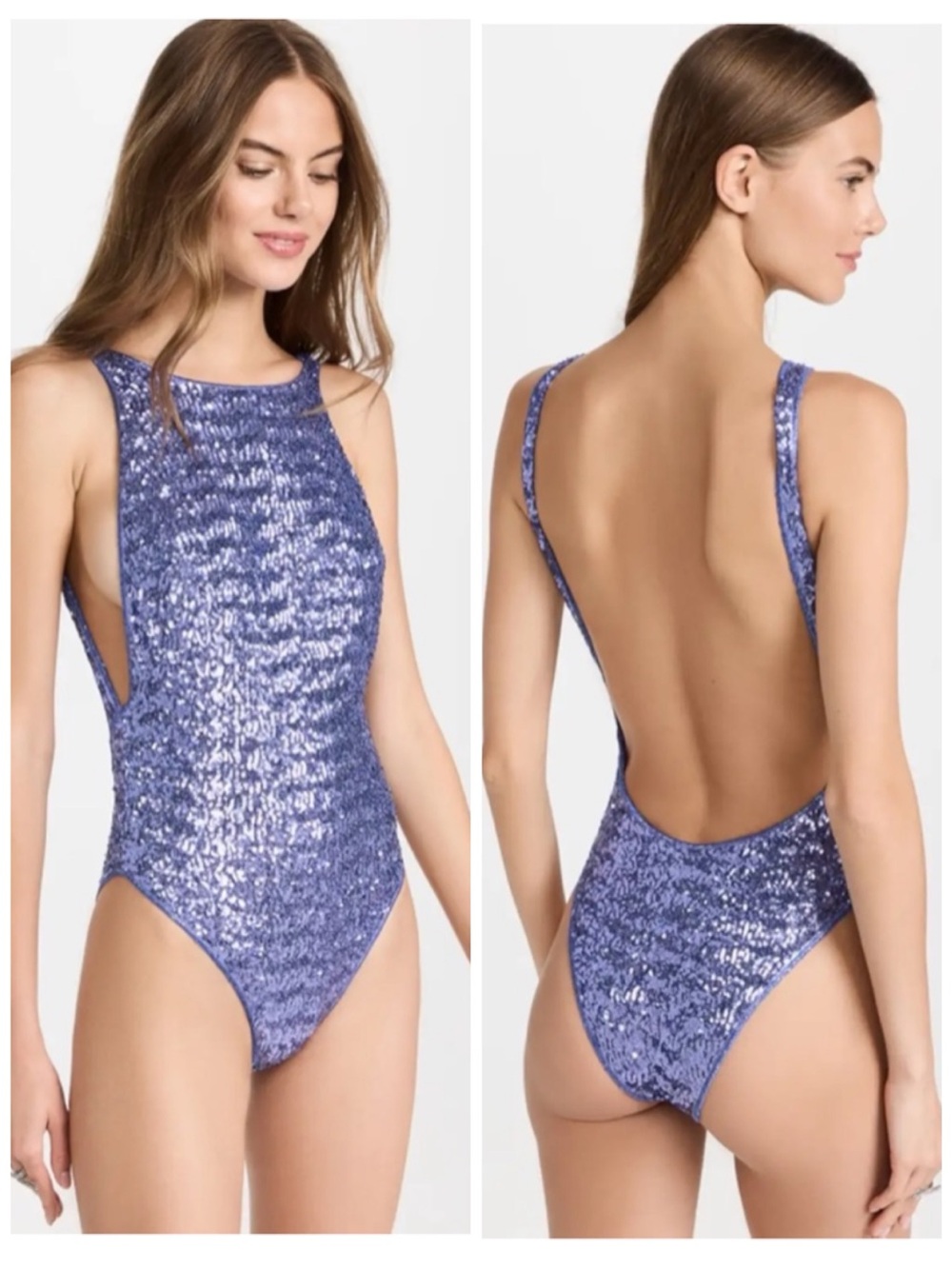 New Oseree Paillettes Maillot One Piece Swimsuit Sequin Sparkle Open Back L